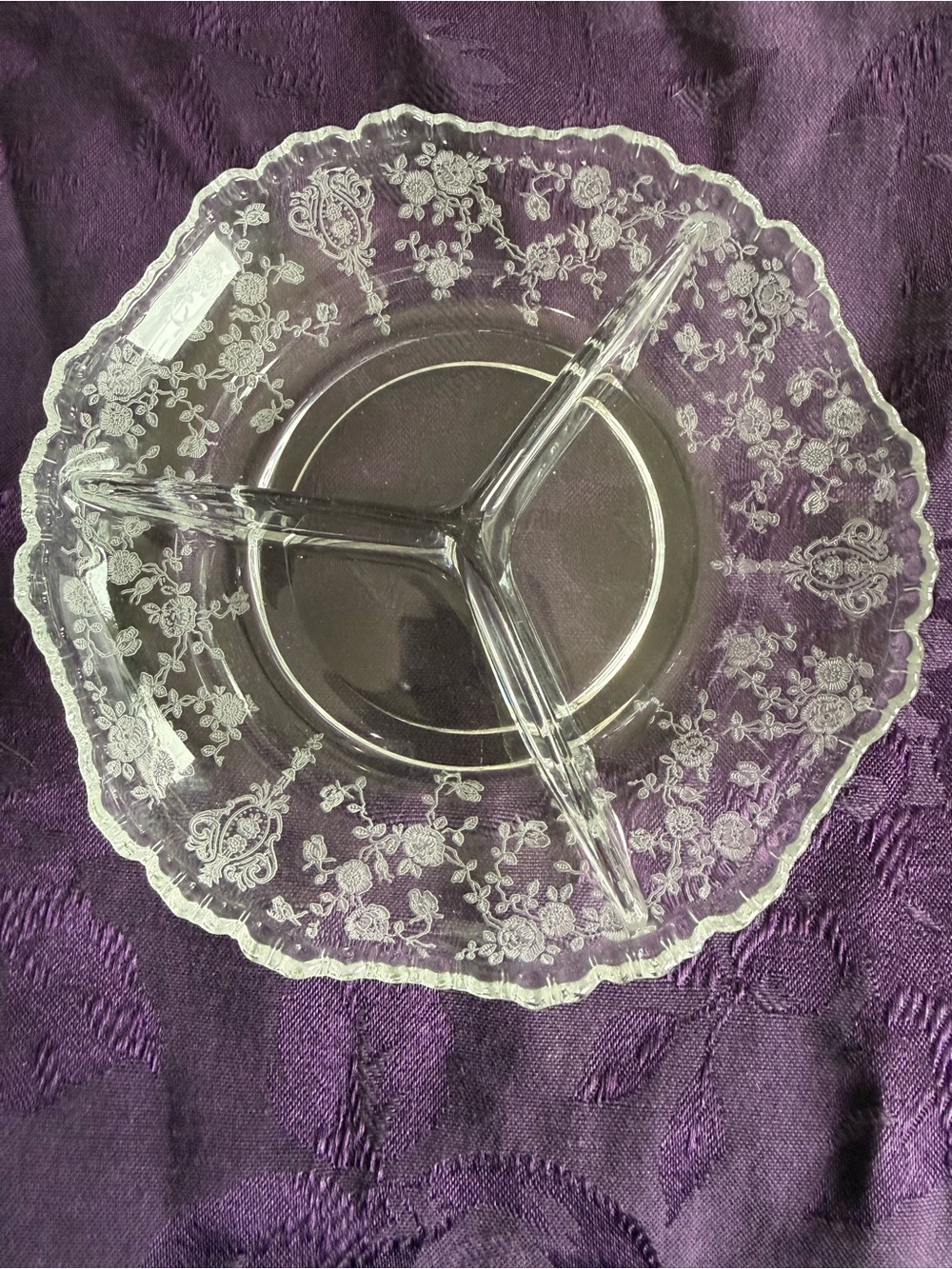 Cambridge ROSE POINT CRYSTAL *6 1/2" SCALLOPED EDGE* 3 PART RELISH* #3500/69*